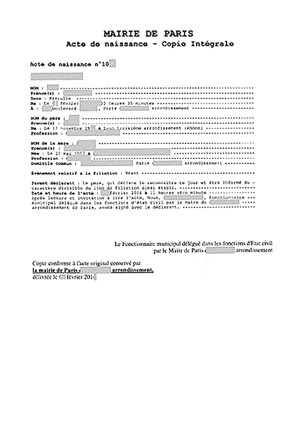 Full birth certificate with personal data hidden