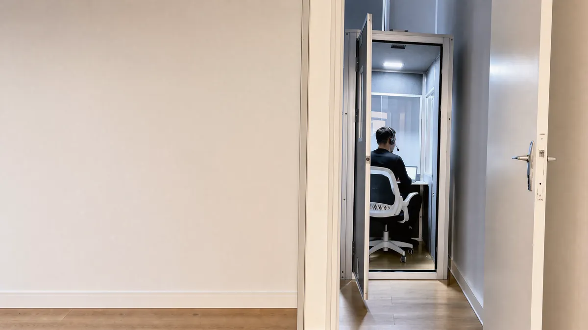 Nos bureaux à Montreuil : un mur clair et, au fond, la porte ouverte d’une cabine où une personne au casque travaille, vue de dos.