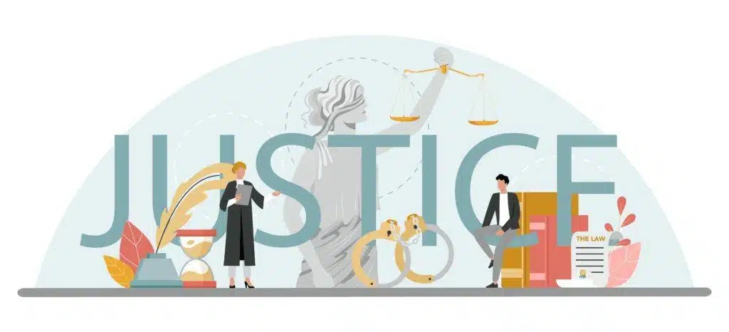 Justice typographic header. Court worker stand for justice and law. Judge in traditional black robe hearing a case and sentencing. Judgement and punishment idea. Isolated flat vector illustration