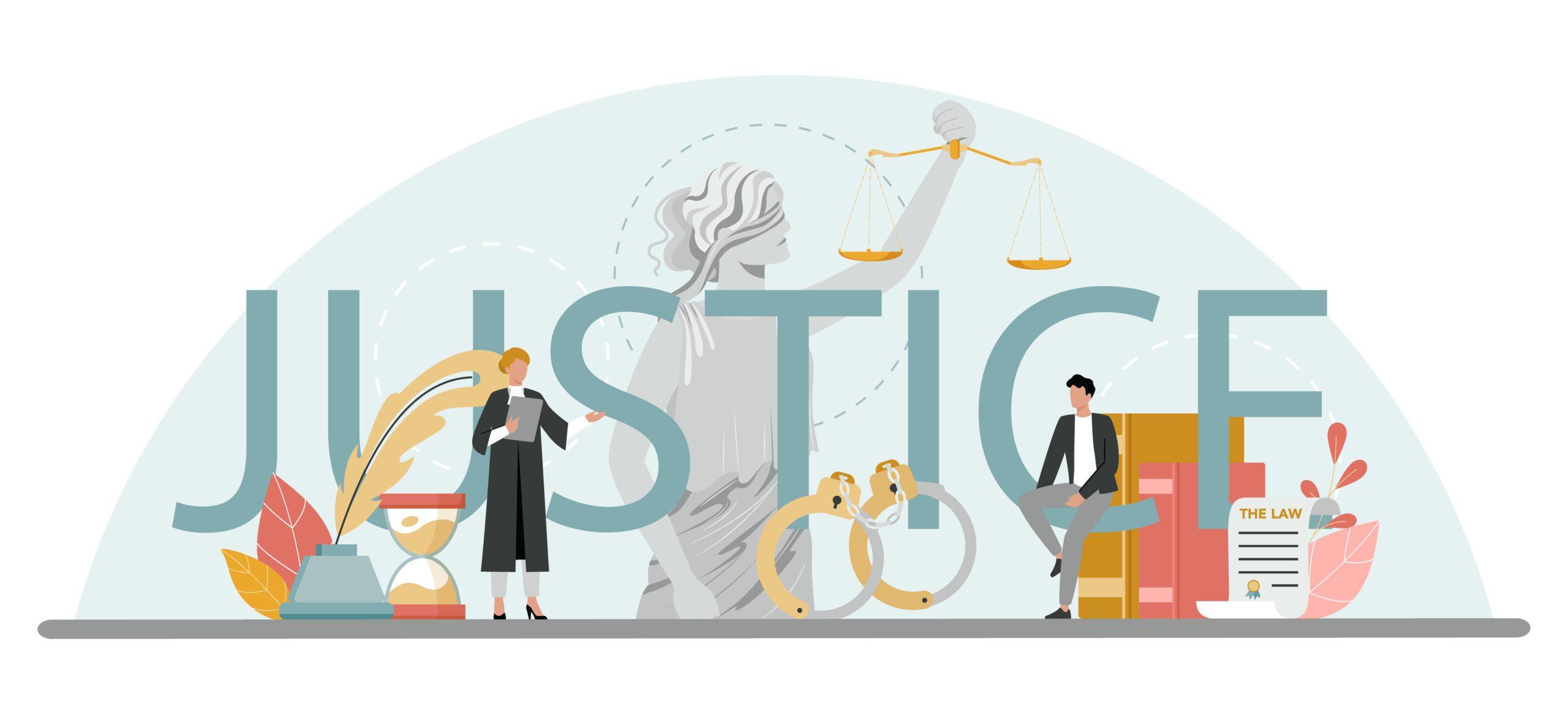 Justice typographic header. Court worker stand for justice and law. Judge in traditional black robe hearing a case and sentencing. Judgement and punishment idea. Isolated flat vector illustration