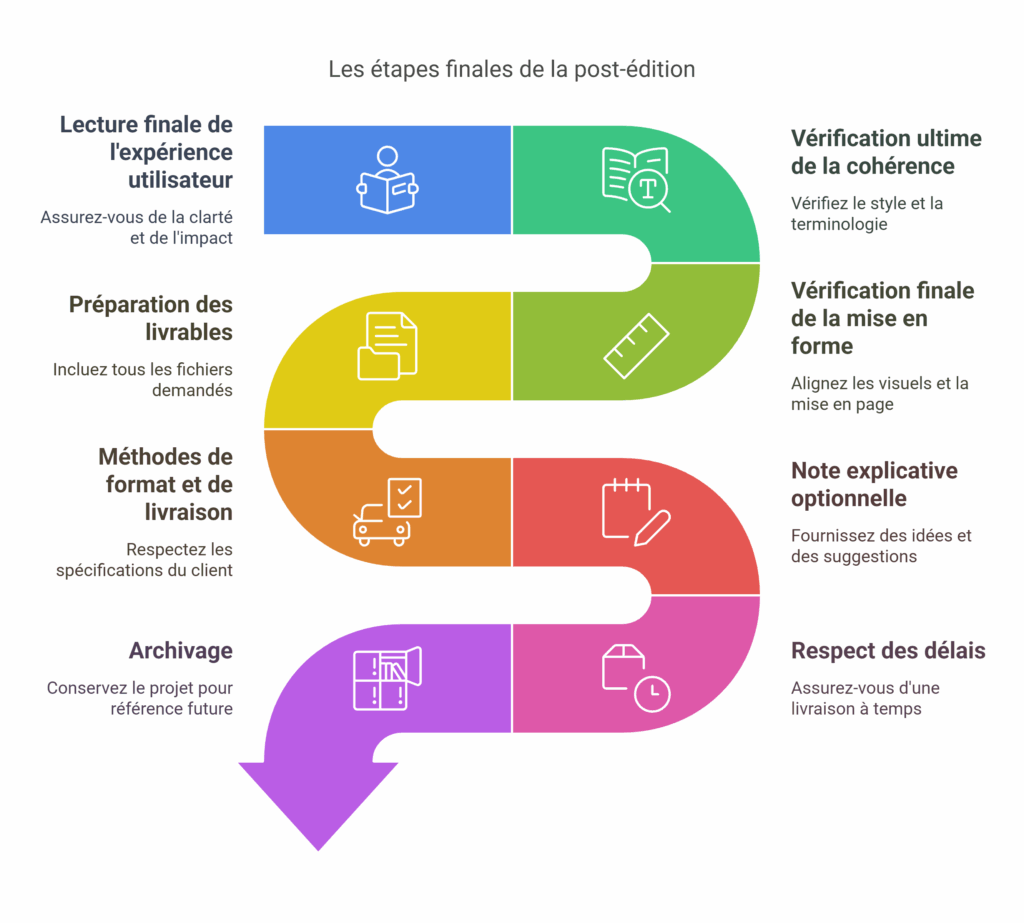 Schéma vectoriel étape 7 de la post-édition en traduction