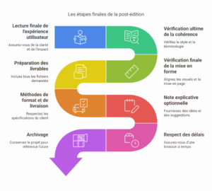 Schéma vectoriel étape 7 de la post-édition en traduction