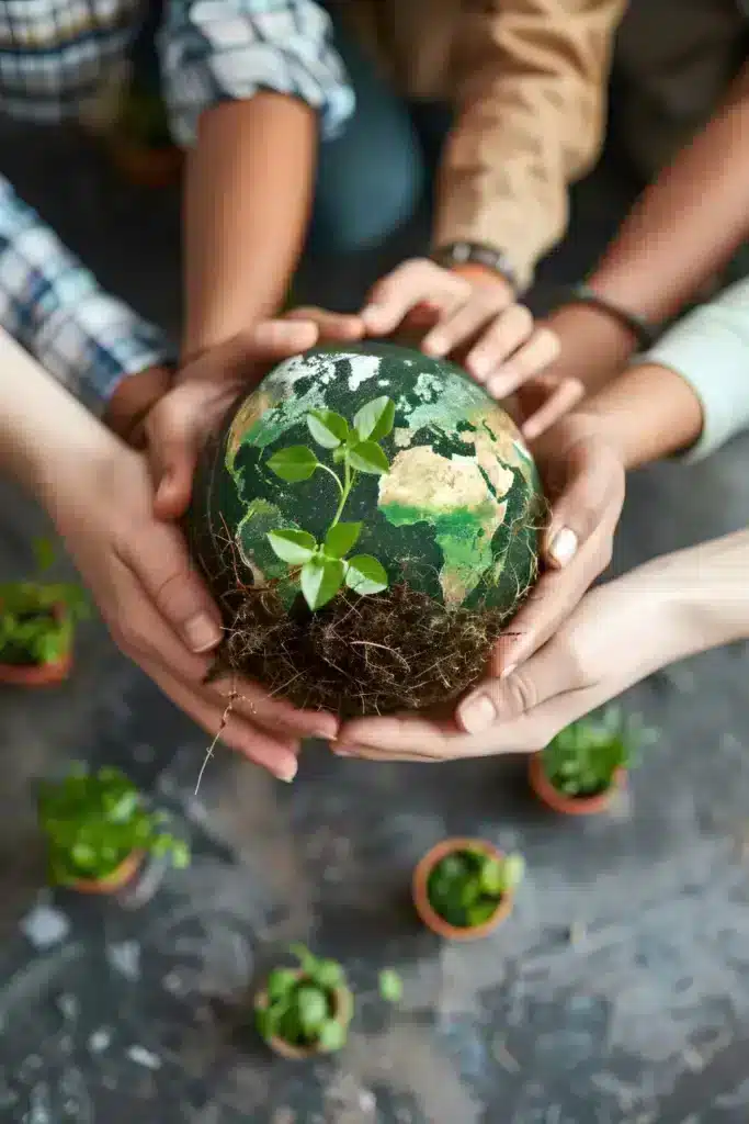 Main autour d'un globe représentant la terre et la nature