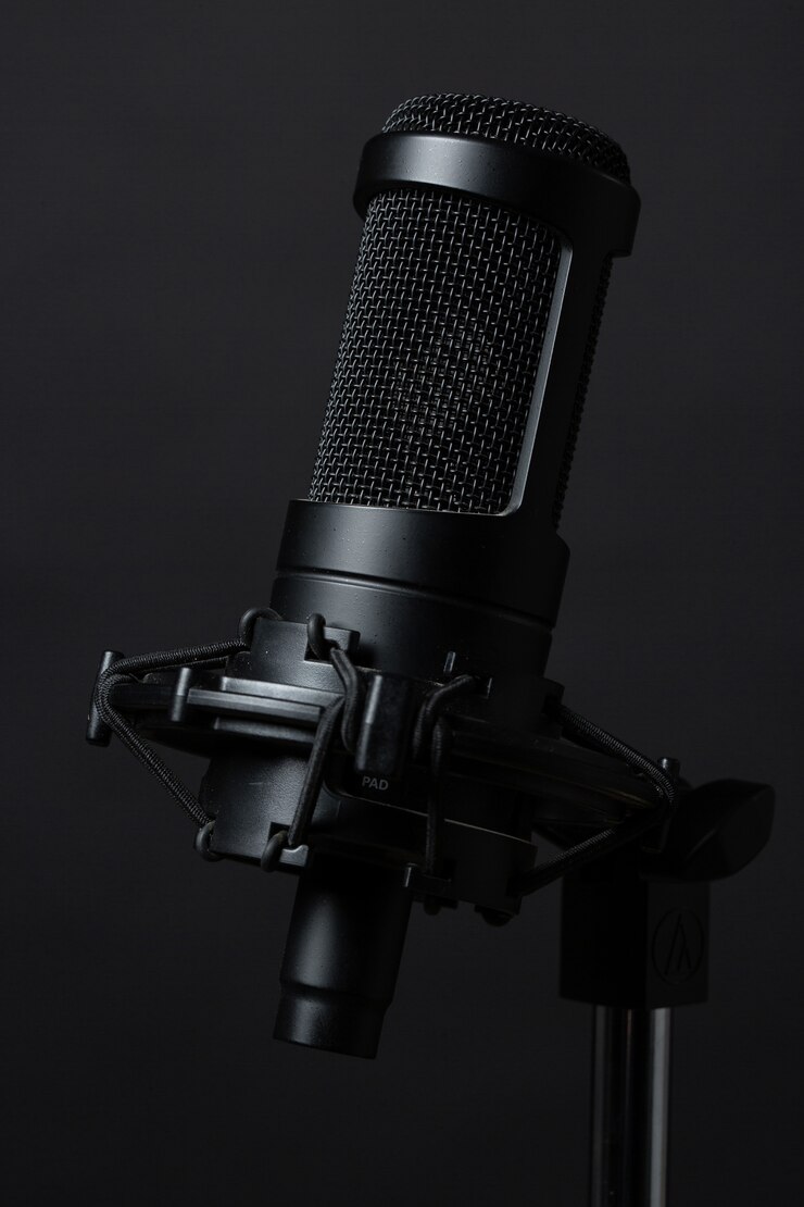 voix-off voice over black microphone