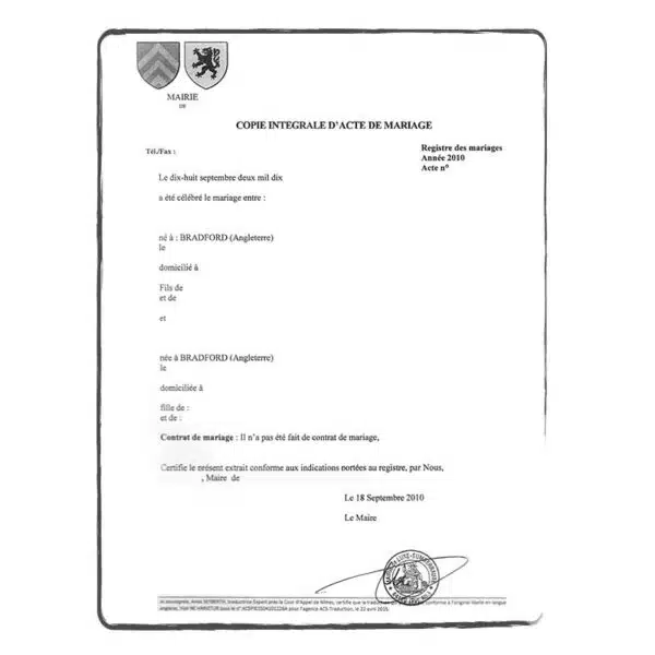 traduction assermentée acte de mariage