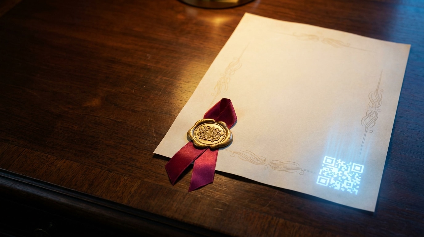 Certificat d’apostille avec sceau doré et élément numérique : histoire et réforme 2025 de l’apostille