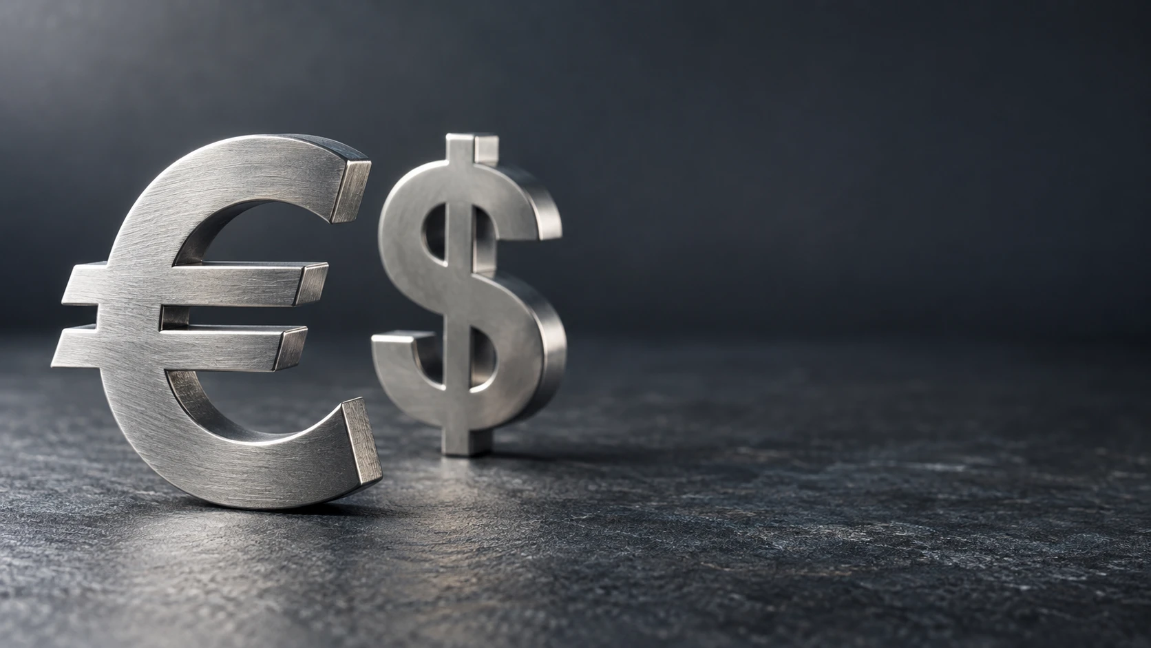 Symboles de l’euro et du dollar en métal brossé sur un fond sombre